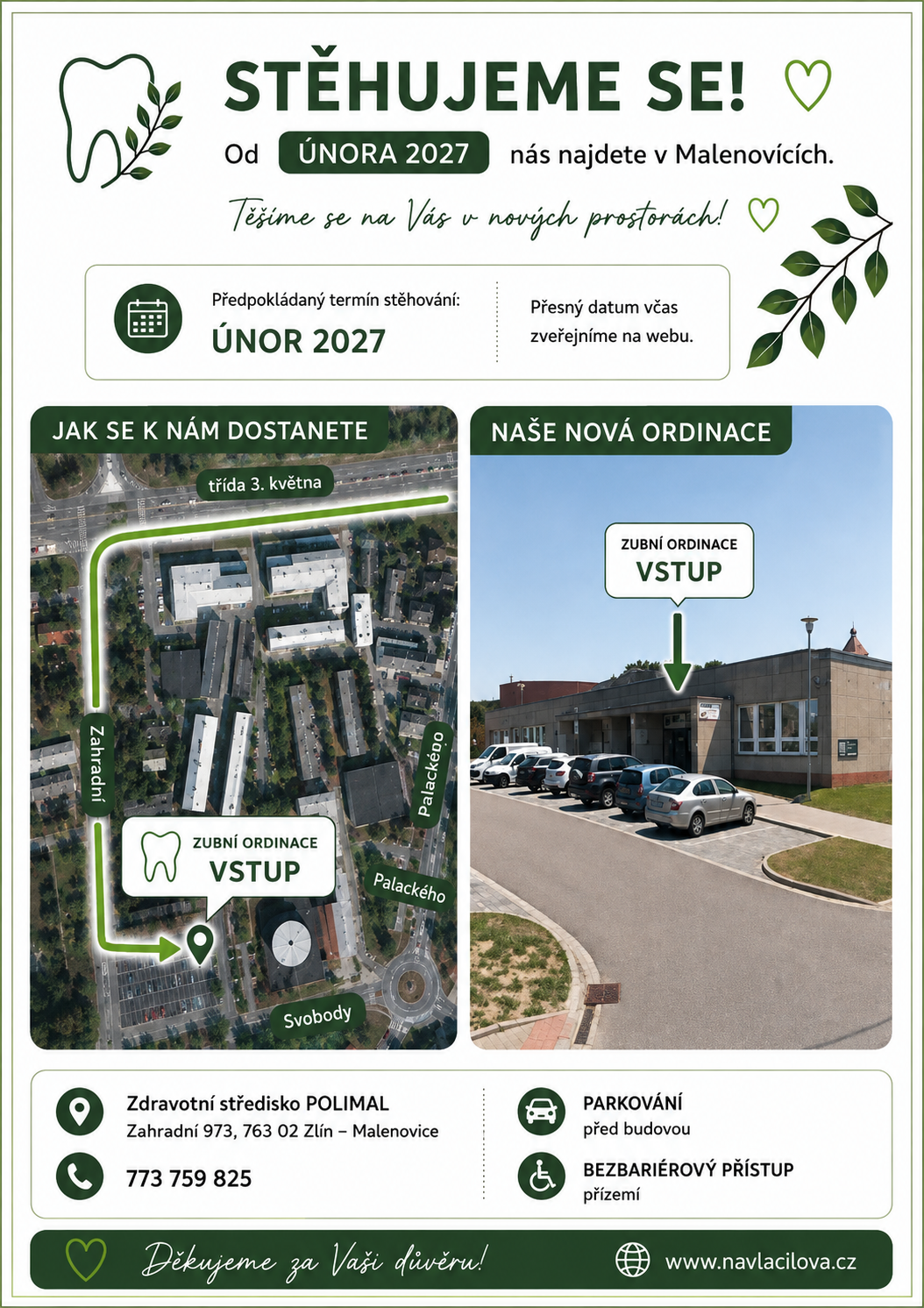 Informační leták o stěhování zubní ordinace, datum únor 2027, mapy a vstupní pokyny.
